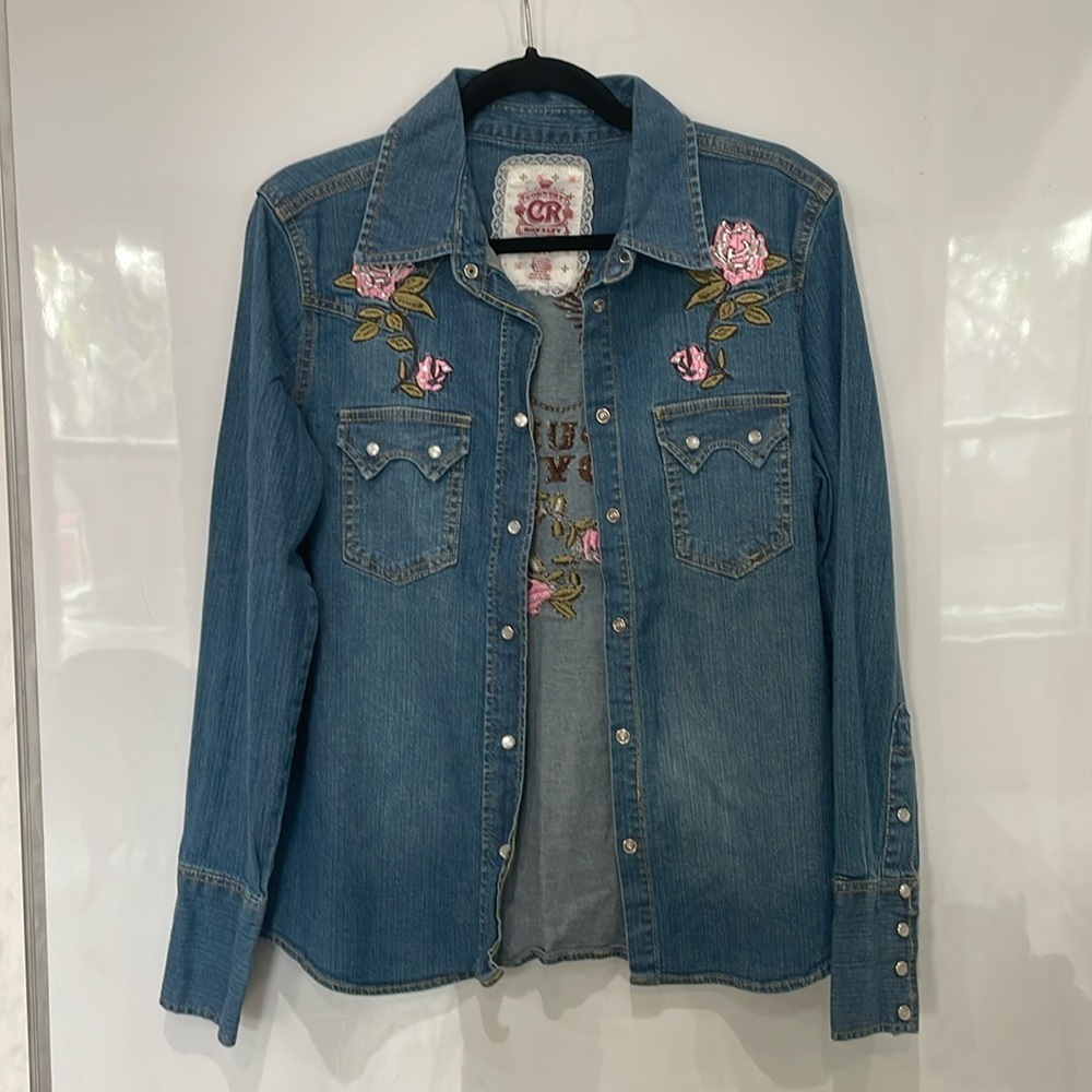Vintage Y2K Country Royalty Studded Embroidered Bling Rhinestone Denim Top Sz S